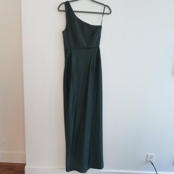 BHLDN Dylan One-Shoulder Satin Charmeuse Side-Slit Bridesmaid Gown Dark Emerald - Picture 12 of 16